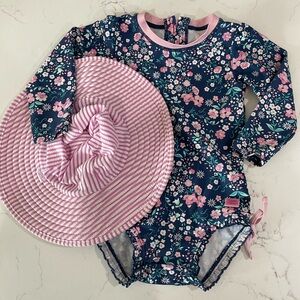 RuffleButts 2T Navy Floral Suit & 12m-2T Hat